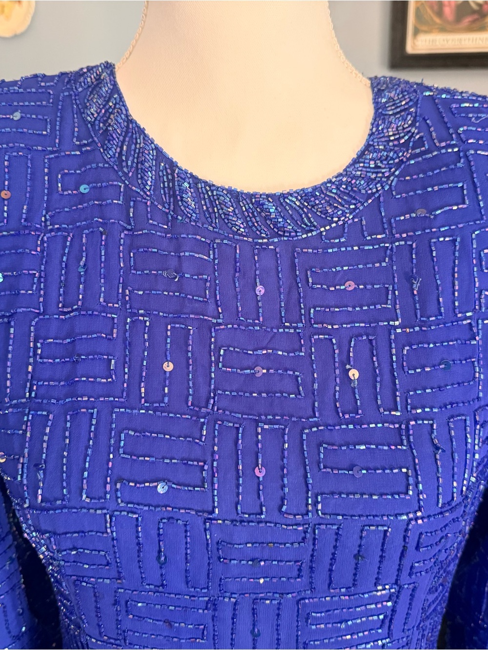 Beaded Long Sleeve Sheath Dress in Royal Blue - Picture 2 of 5